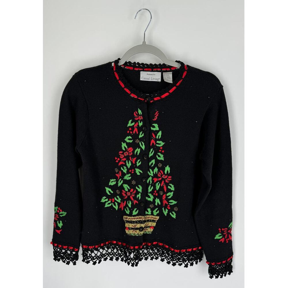 Casual Living Vintage Ugly Christmas Tree Cardigan Sweater Womens Small Black